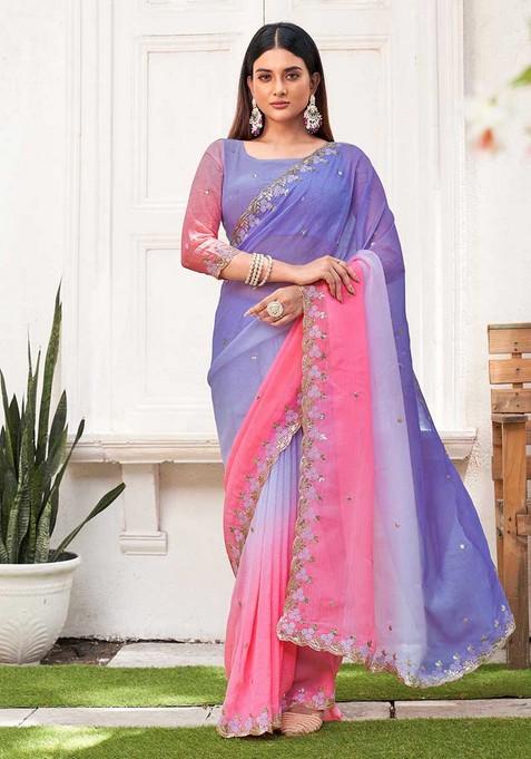 Pink Embroidered Chiffon Saree Set