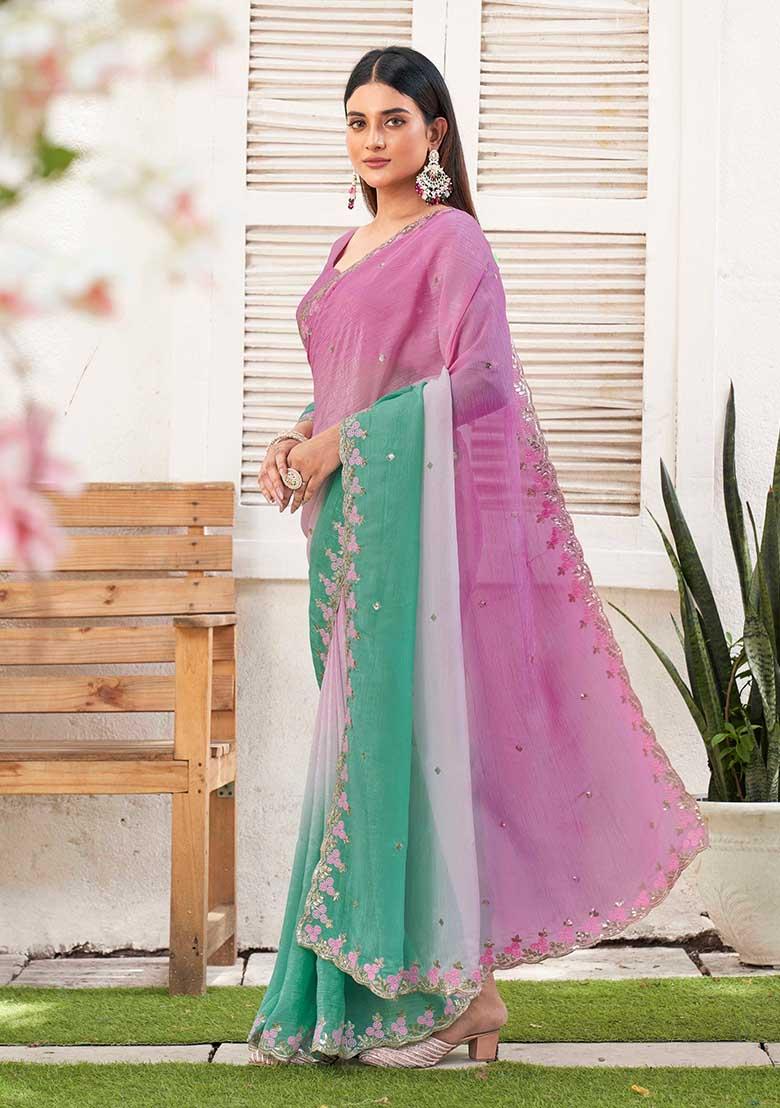 Green Embroidered Chiffon Saree Set