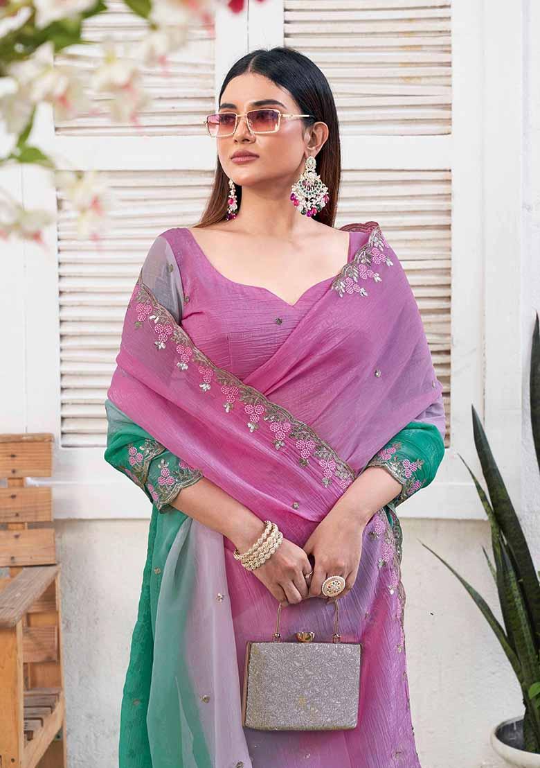 Green Embroidered Chiffon Saree Set