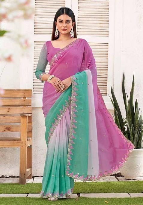 Green Embroidered Chiffon Saree Set