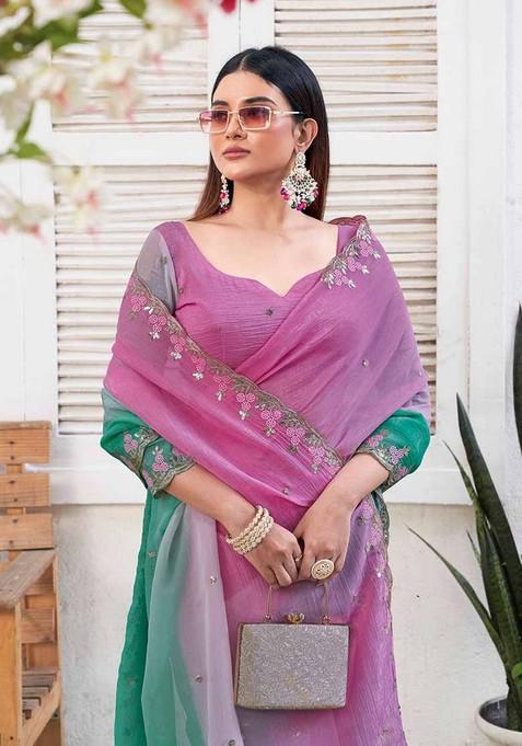 Green Embroidered Chiffon Saree Set