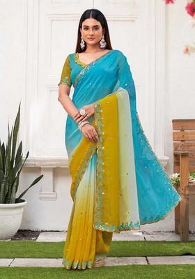 Yellow Embroidered Crepe Saree Set