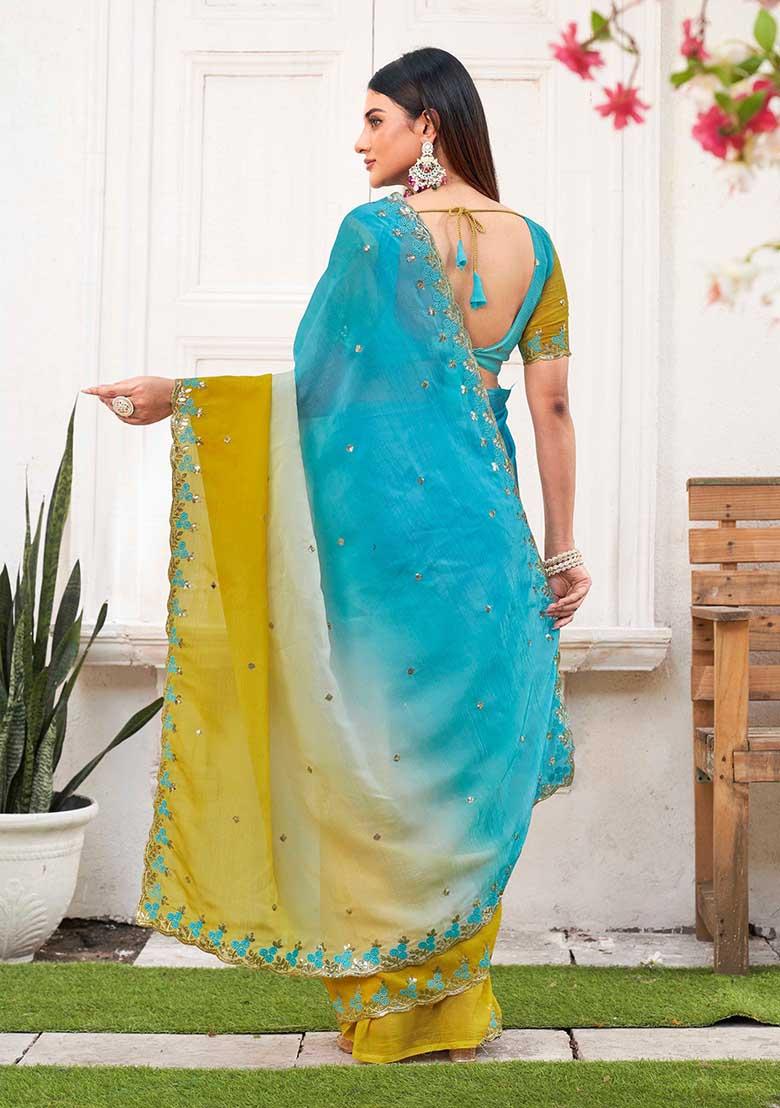 Yellow Embroidered Crepe Saree Set