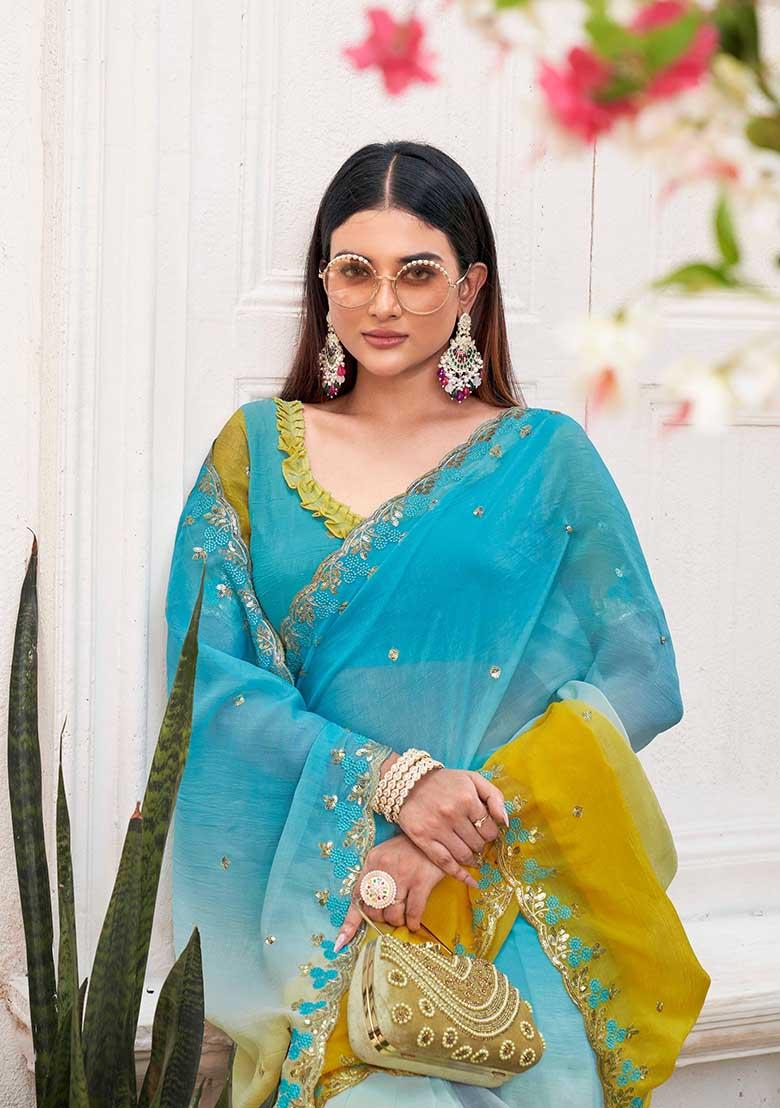 Yellow Embroidered Crepe Saree Set