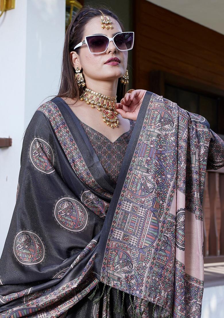 Black Embroidered Crepe Saree Set