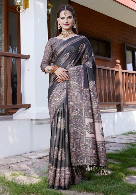 Black Embroidered Crepe Saree Set