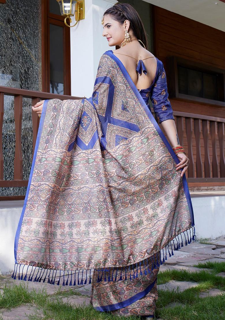 Navy Embroidered Crepe Saree Set