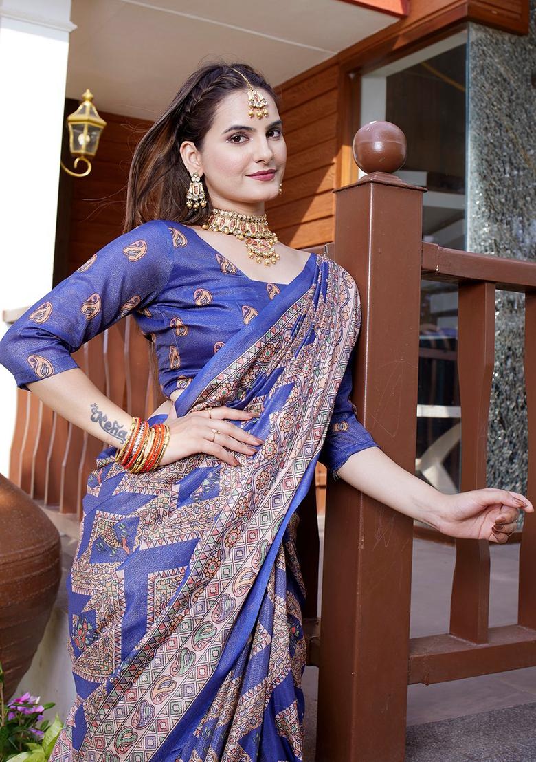 Navy Embroidered Crepe Saree Set