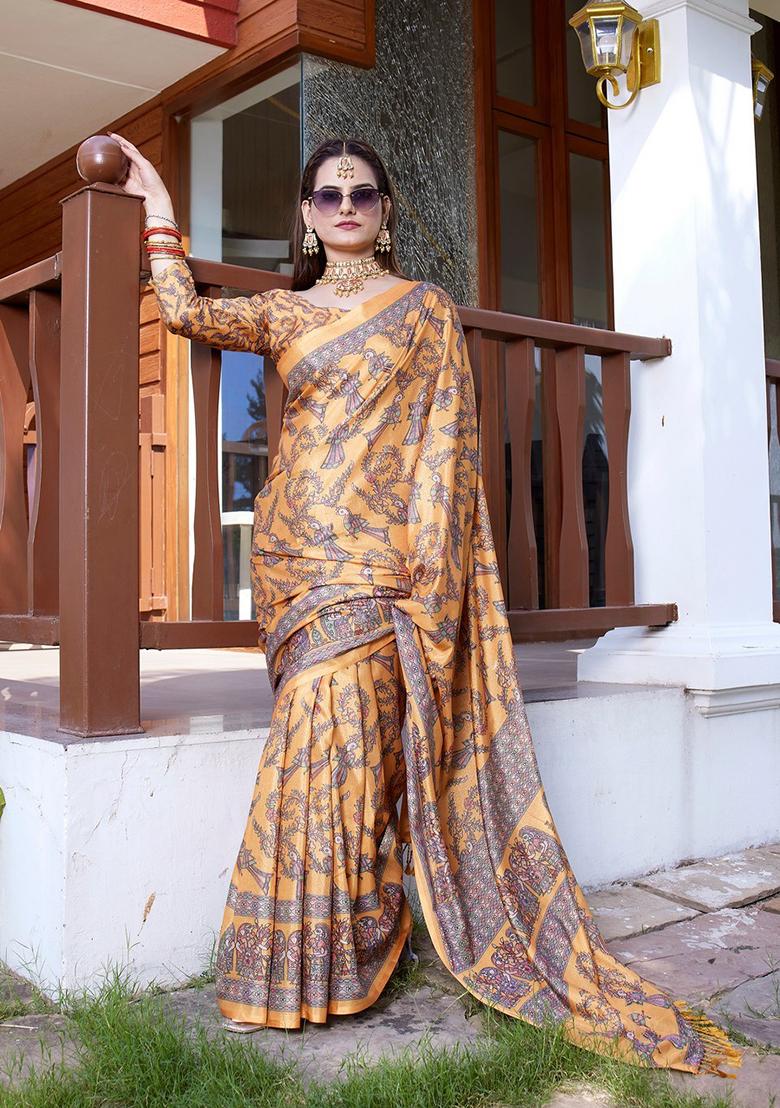 Orange Embroidered Crepe Saree Set