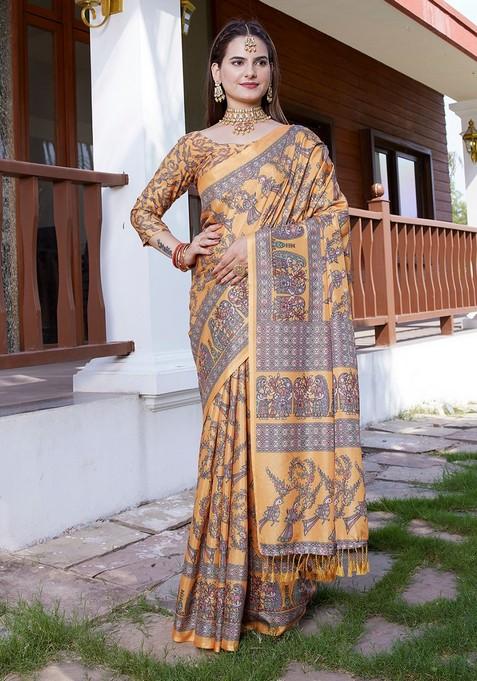 Orange Embroidered Crepe Saree Set