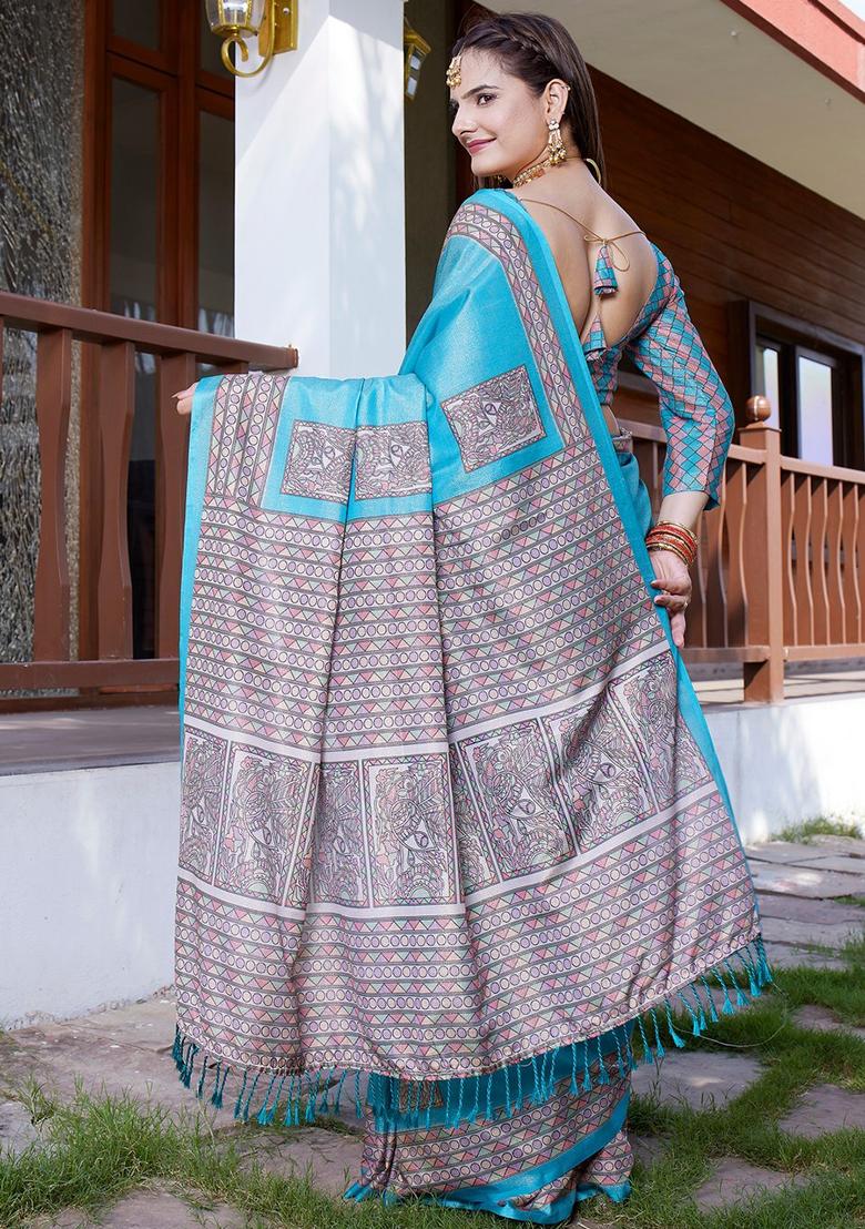 Rama Embroidered Crepe Saree Set