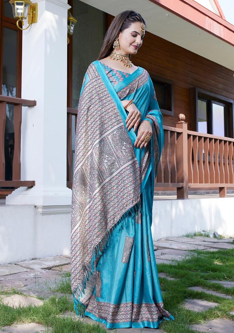 Rama Embroidered Crepe Saree Set