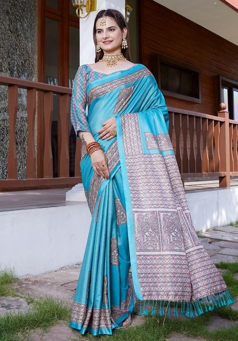 Rama Embroidered Crepe Saree Set