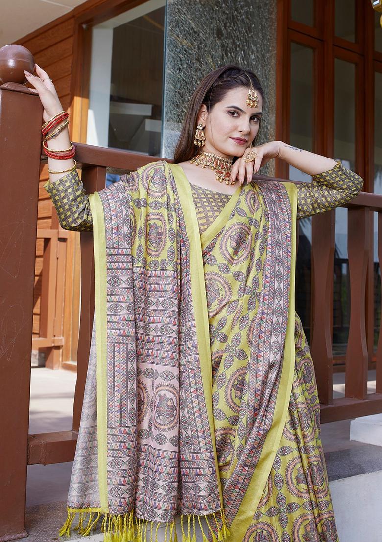 Yellow Embroidered Pure Crepe Saree Set