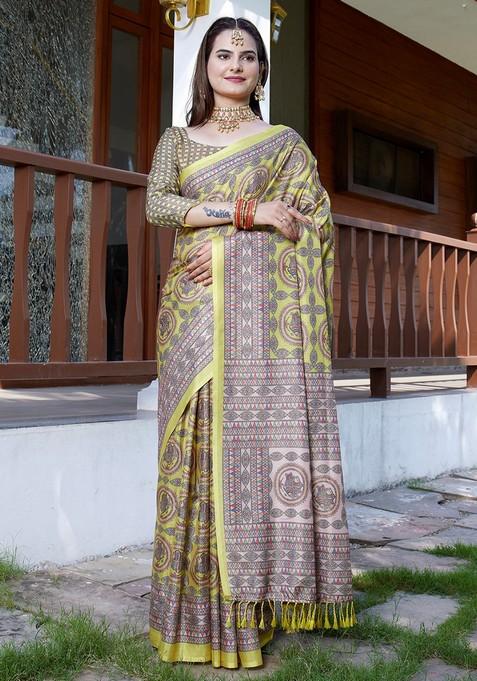 Yellow Embroidered Pure Crepe Saree Set