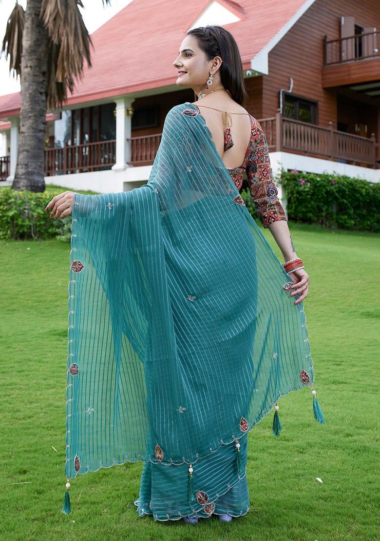 Rama Embroidered Georgette Saree Set