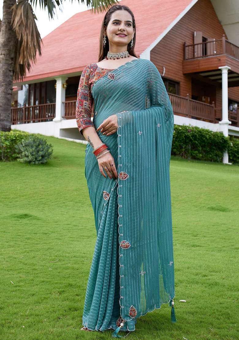 Rama Embroidered Georgette Saree Set - Indya