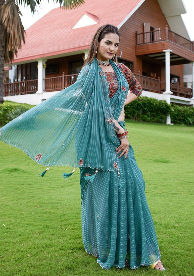 Rama Embroidered Georgette Saree Set