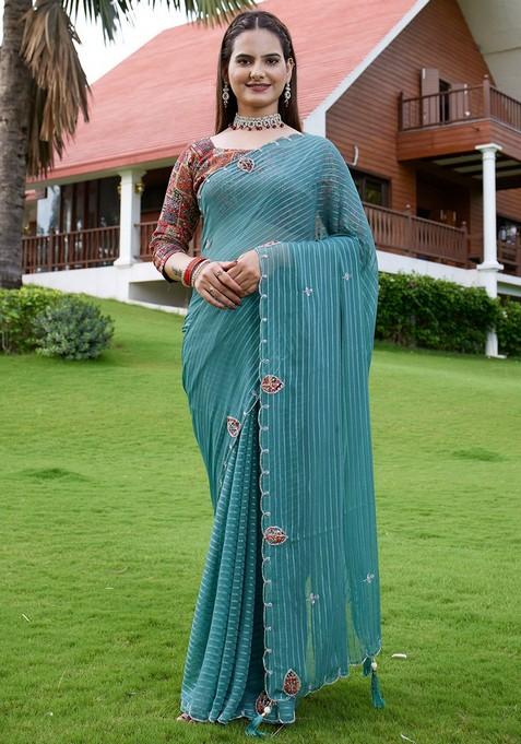 Rama Embroidered Georgette Saree Set