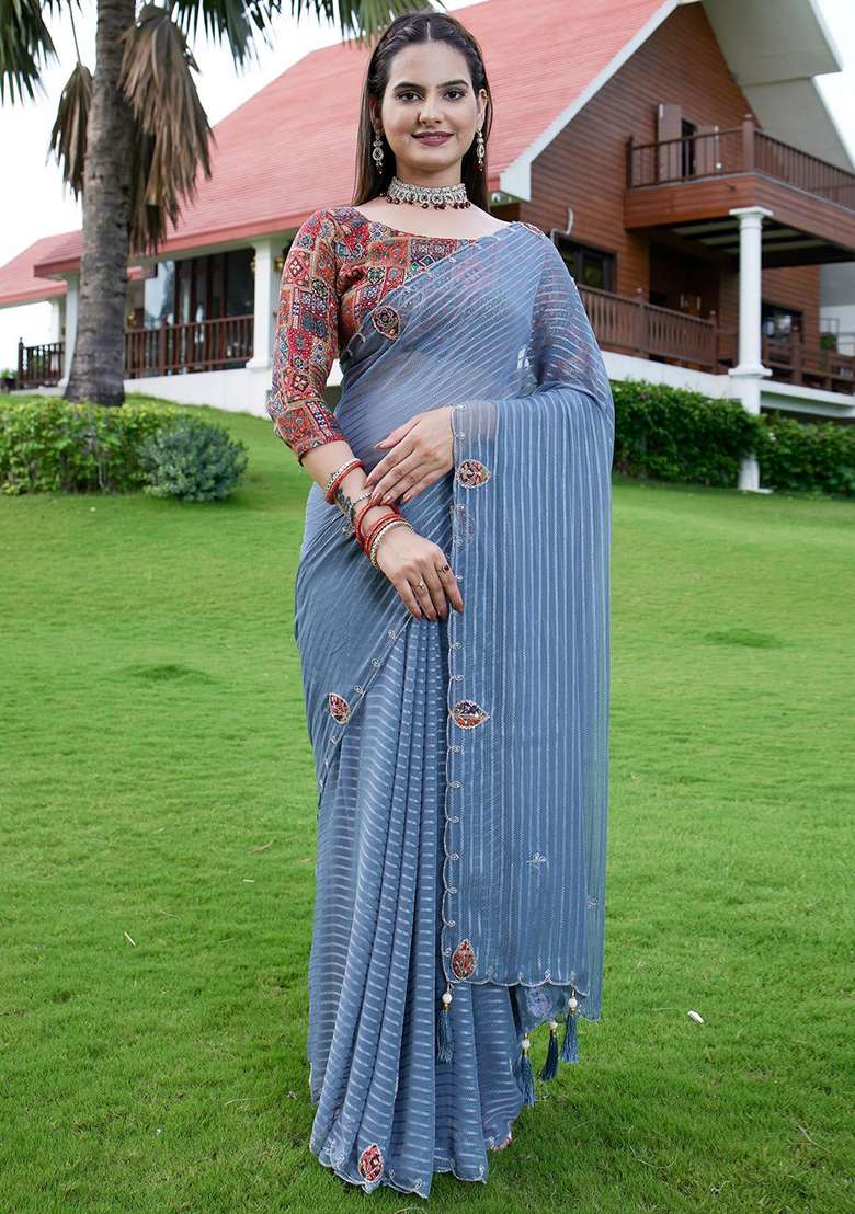 Grey Embroidered Georgette Saree Set - Indya