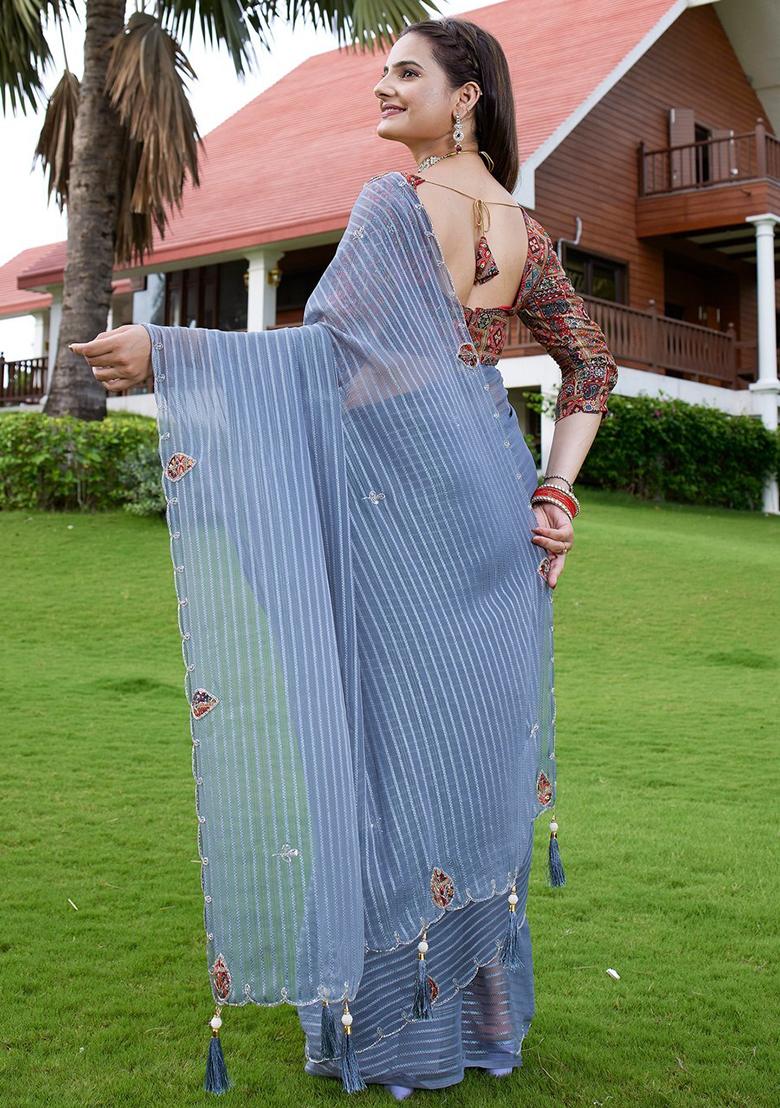 Grey Embroidered Georgette Saree Set