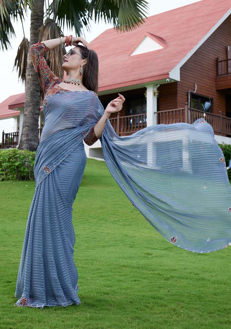 Grey Embroidered Georgette Saree Set - Indya