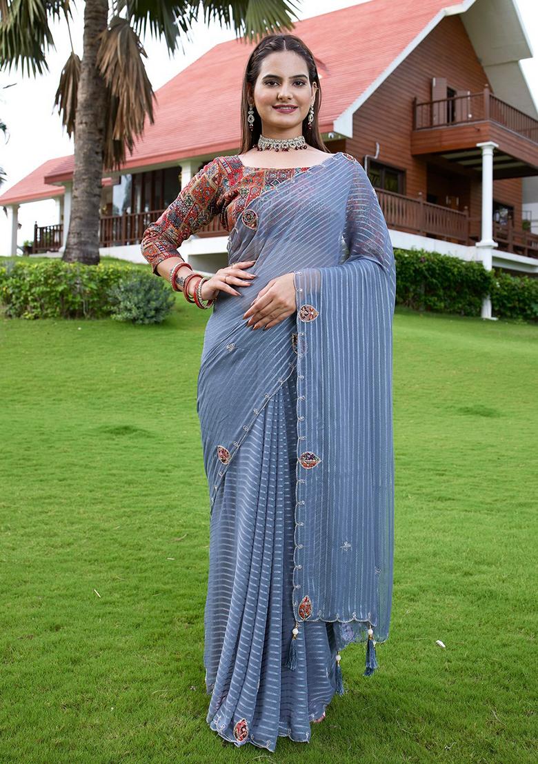 Grey Embroidered Georgette Saree Set