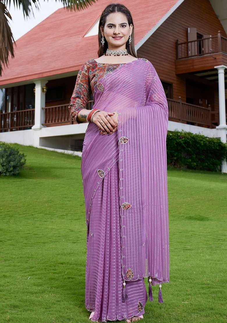 Lavender Embroidered Georgette Saree Set - Indya