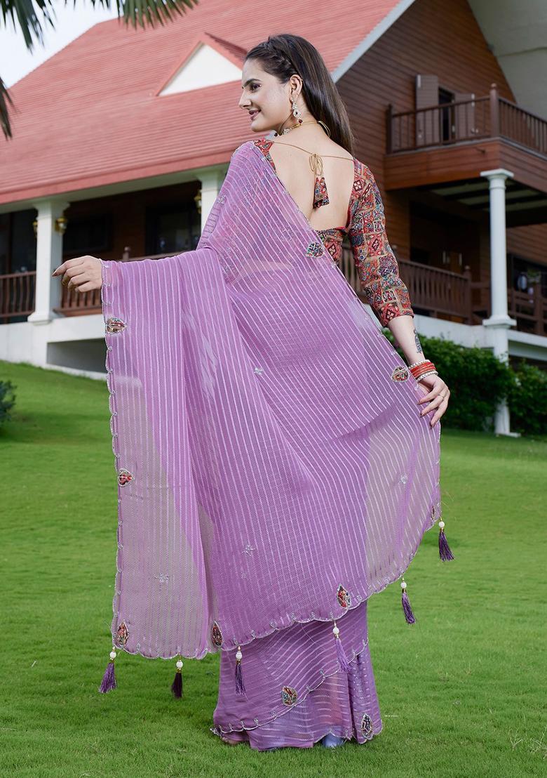 Lavender Embroidered Georgette Saree Set