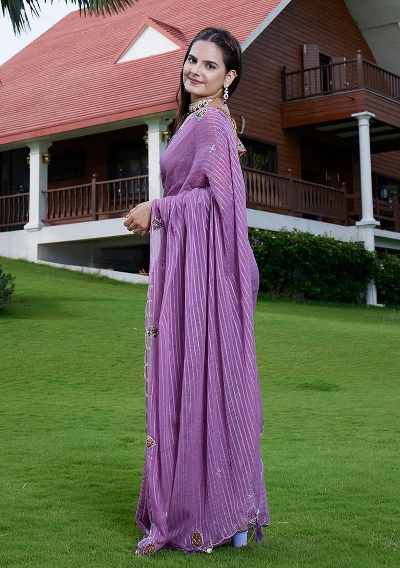 Lavender Embroidered Georgette Saree Set - Indya