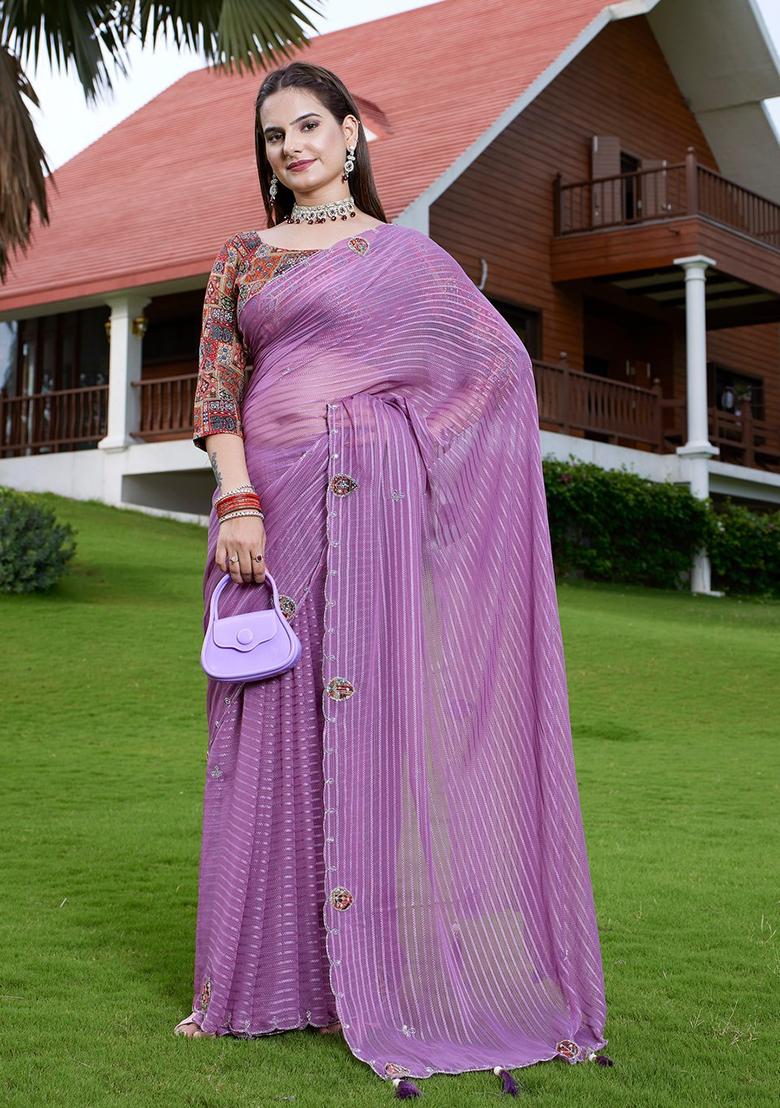 Lavender Embroidered Georgette Saree Set