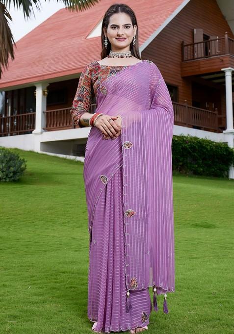 Lavender Embroidered Georgette Saree Set
