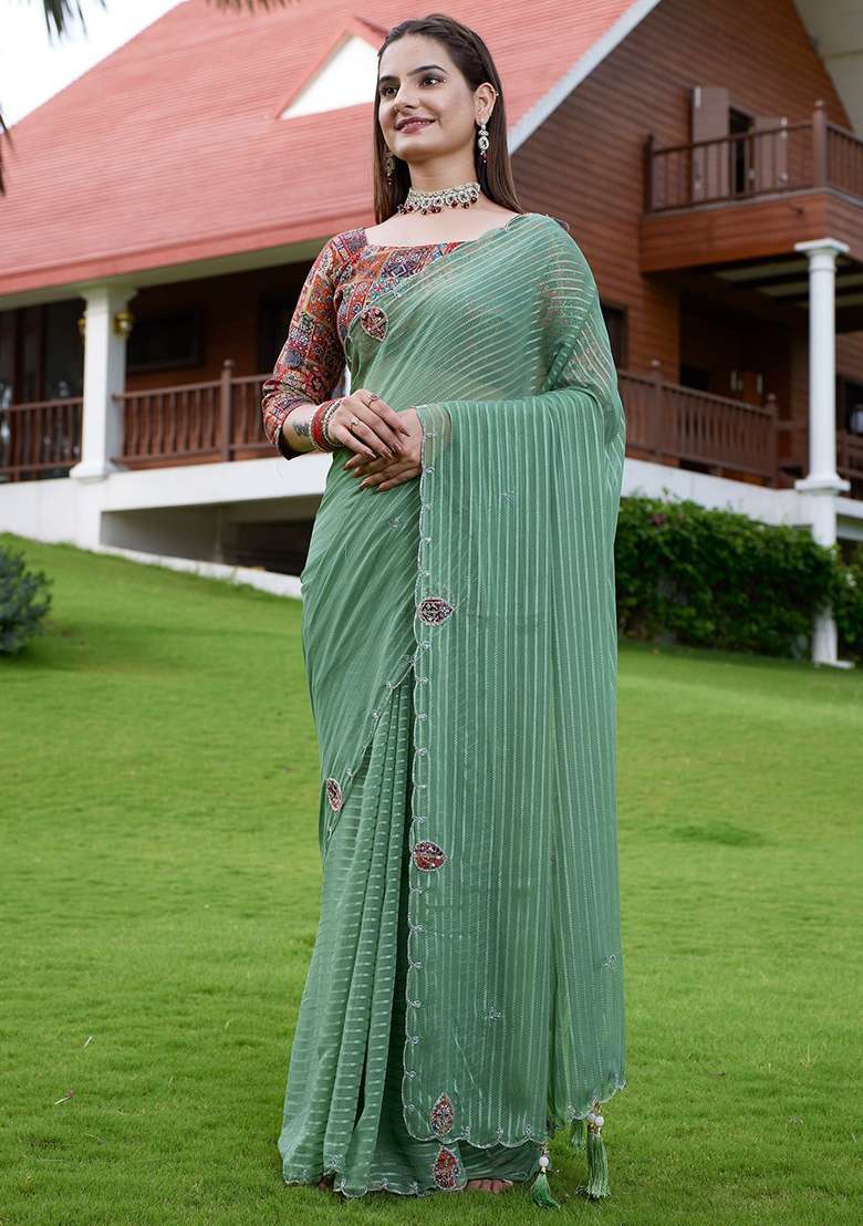 Pista Embroidered Georgette Saree Set - Indya