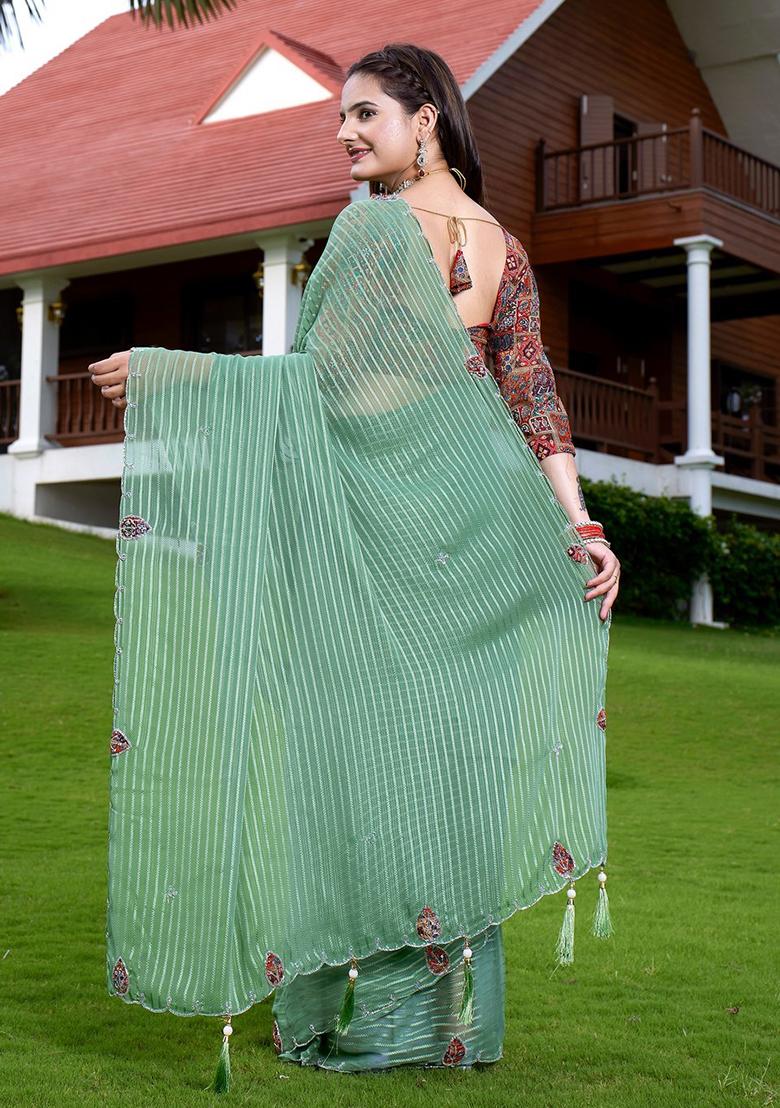 Pista Embroidered Georgette Saree Set