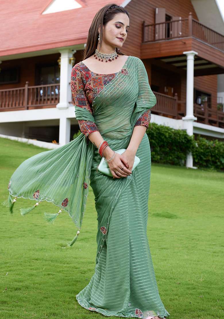 Pista Embroidered Georgette Saree Set - Indya