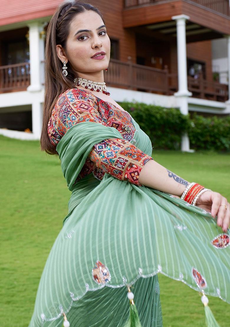 Pista Embroidered Georgette Saree Set