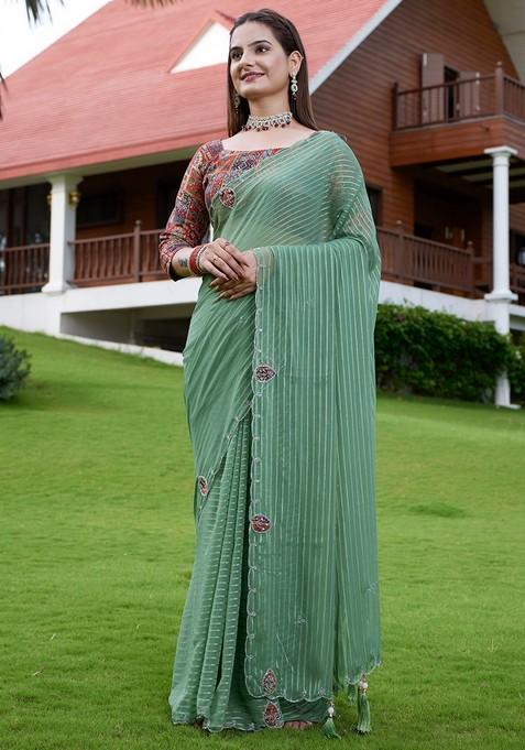 Pista Embroidered Georgette Saree Set