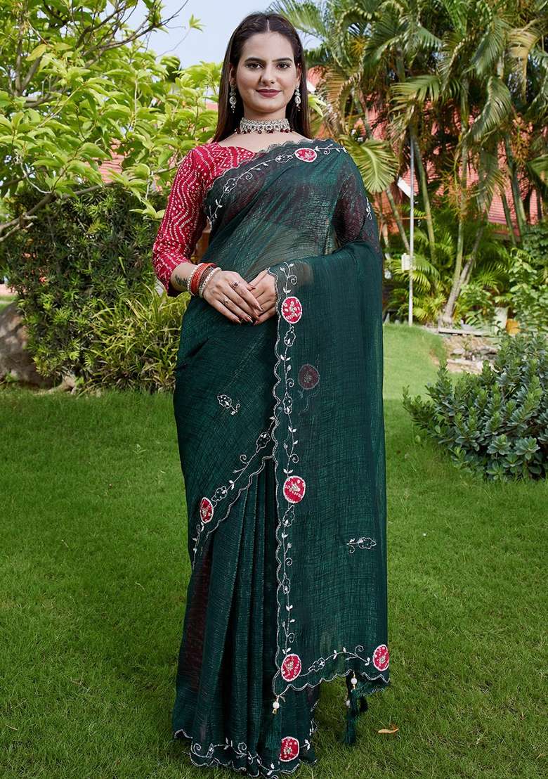 Green Embroidered Chiffon Saree Set - Indya