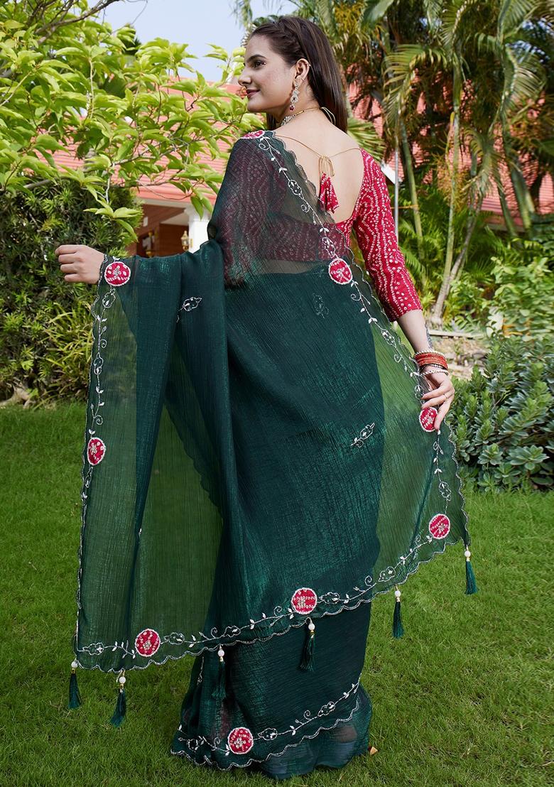 Green Embroidered Chiffon Saree Set