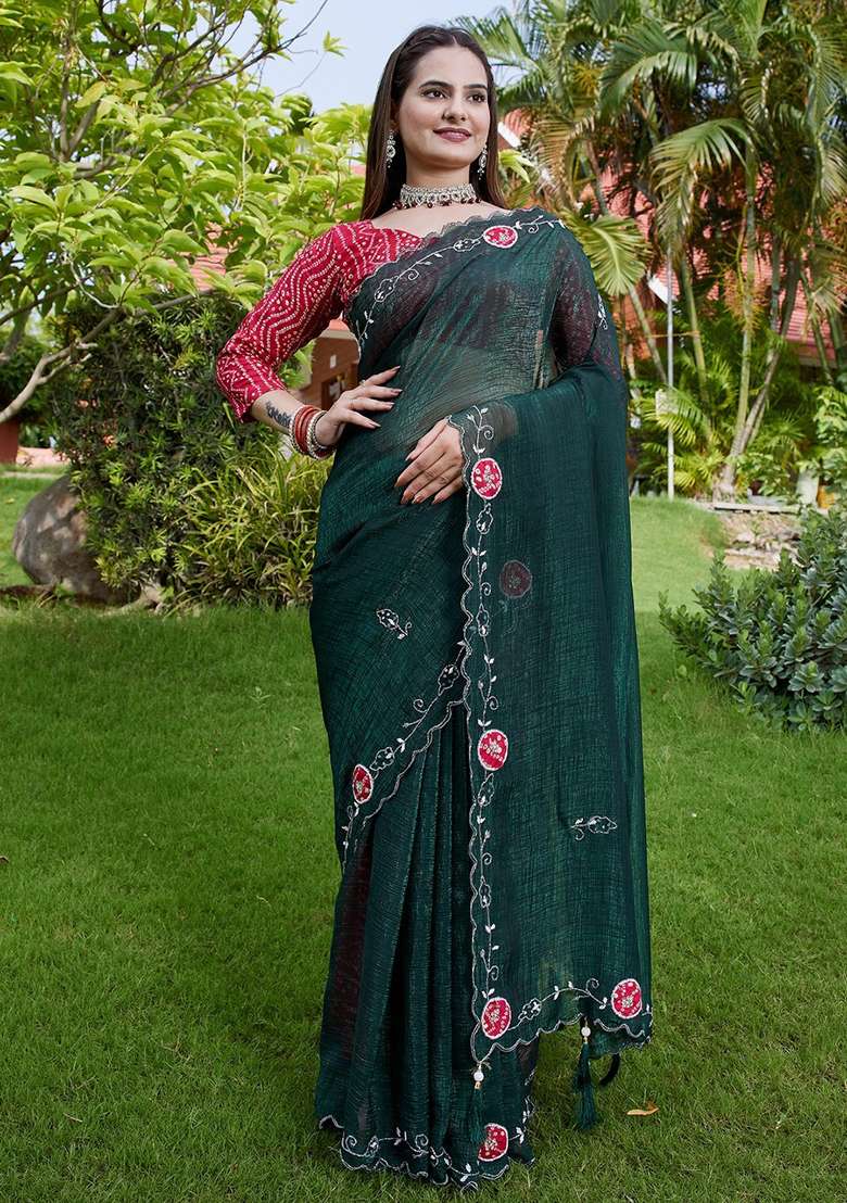 Green Embroidered Chiffon Saree Set - Indya