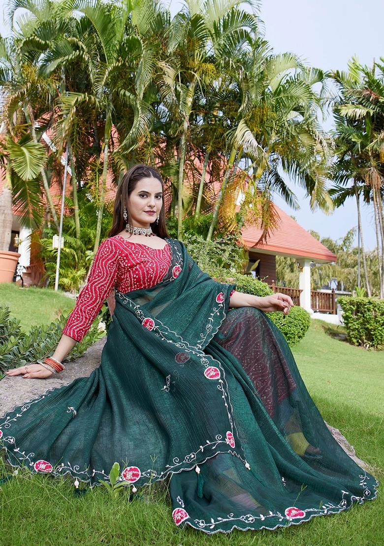 Green Embroidered Chiffon Saree Set
