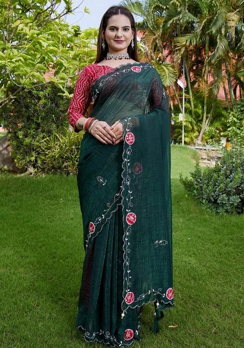 Green Embroidered Chiffon Saree Set