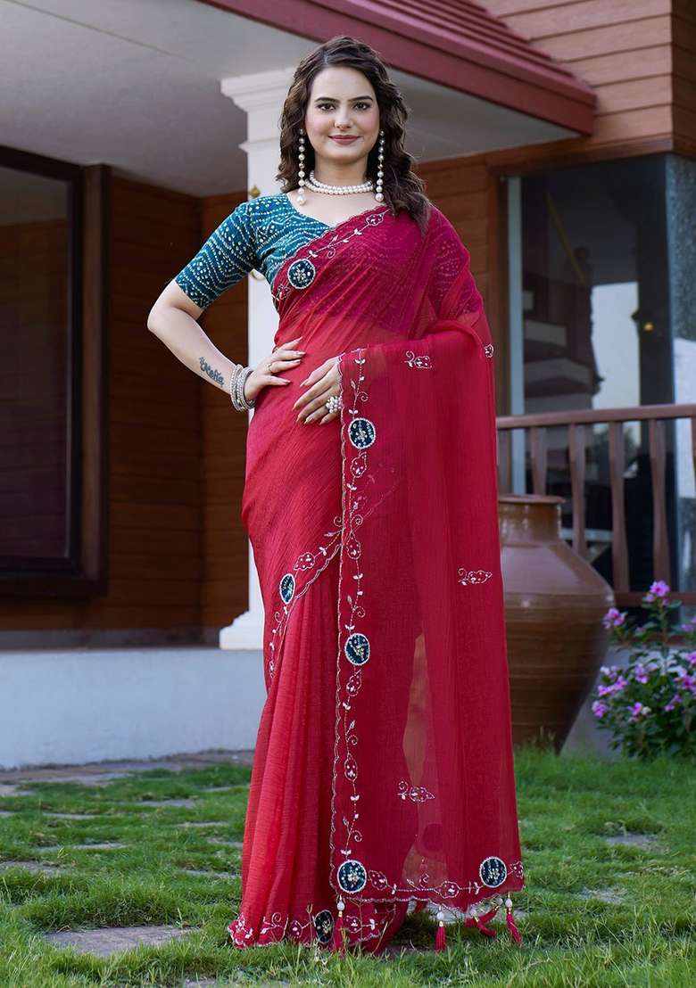 Cherry Embroidered Chiffon Saree Set - Indya