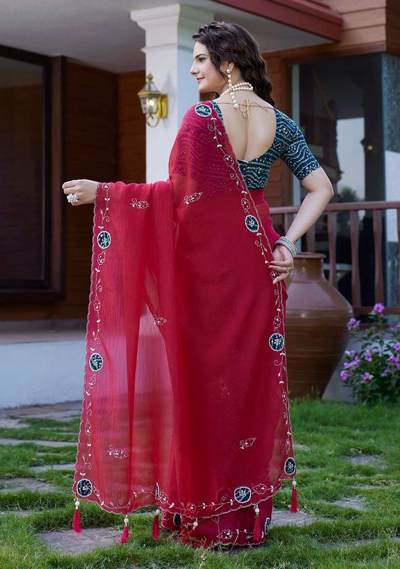 Cherry Embroidered Chiffon Saree Set - Indya
