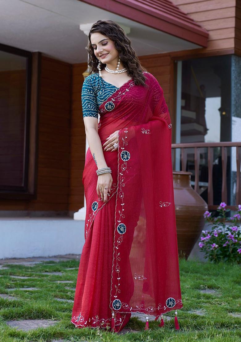 Cherry Embroidered Chiffon Saree Set