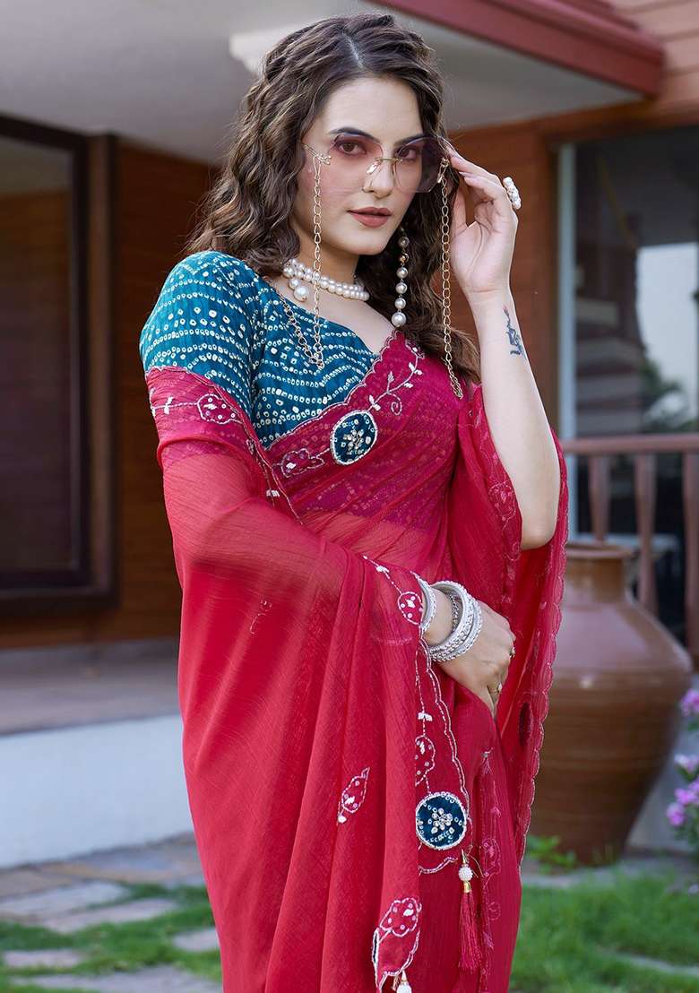 Cherry Embroidered Chiffon Saree Set - Indya
