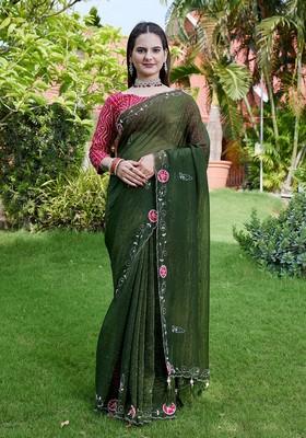 Mehandi Embroidered Chiffon Saree Set