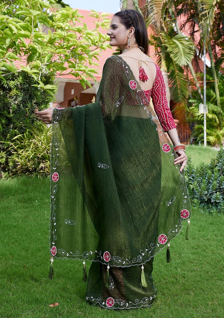 Mehandi Embroidered Chiffon Saree Set