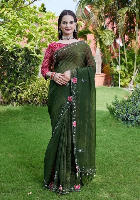 Mehandi Embroidered Chiffon Saree Set