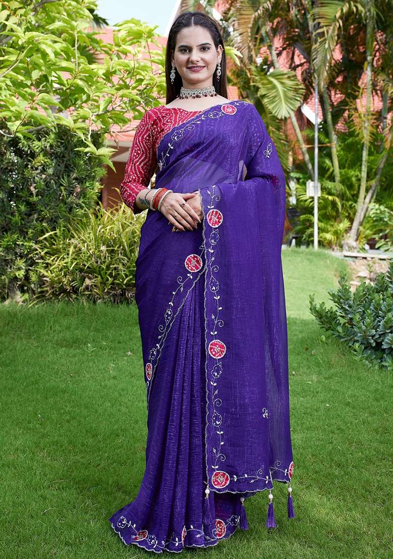 Purple Embroidered Chiffon Saree Set - Indya